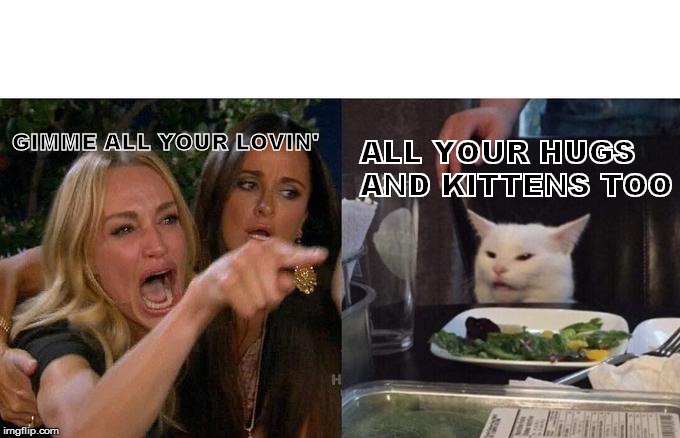 Woman Yelling At Cat Meme | GIMME ALL YOUR LOVIN'; ALL YOUR HUGS AND KITTENS TOO | image tagged in memes,woman yelling at cat | made w/ Imgflip meme maker