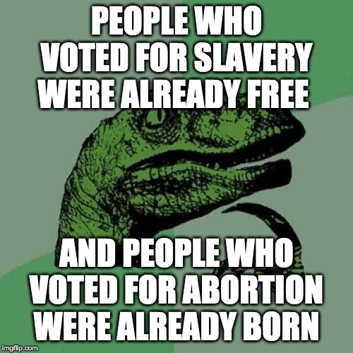 Abortion is murder. Babies have the right to live. | PEOPLE WHO VOTED FOR SLAVERY WERE ALREADY FREE; AND PEOPLE WHO VOTED FOR ABORTION WERE ALREADY BORN | image tagged in memes,philosoraptor,funny,politics | made w/ Imgflip meme maker