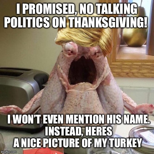 Trump turkey | I PROMISED, NO TALKING POLITICS ON THANKSGIVING! I WON’T EVEN MENTION HIS NAME.
INSTEAD, HERES A NICE PICTURE OF MY TURKEY | image tagged in turkey trump,trump turkey,trump thanksgiving,impeach trump,funny trump meme | made w/ Imgflip meme maker