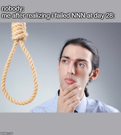 noose | nobody:
me after realizing i failed NNN at day 28: | image tagged in noose | made w/ Imgflip meme maker