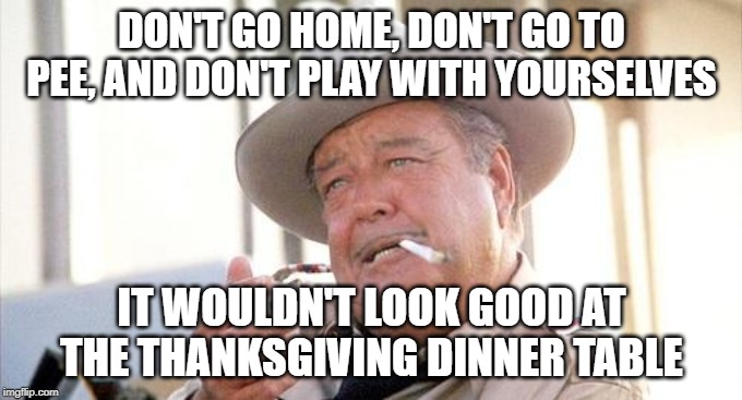 Buford T Justice | DON'T GO HOME, DON'T GO TO PEE, AND DON'T PLAY WITH YOURSELVES; IT WOULDN'T LOOK GOOD AT THE THANKSGIVING DINNER TABLE | image tagged in buford t justice | made w/ Imgflip meme maker