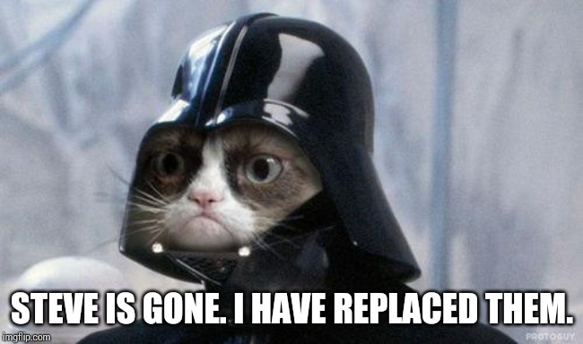 Grumpy Cat Star Wars Meme | STEVE IS GONE. I HAVE REPLACED THEM. | image tagged in memes,grumpy cat star wars,grumpy cat | made w/ Imgflip meme maker