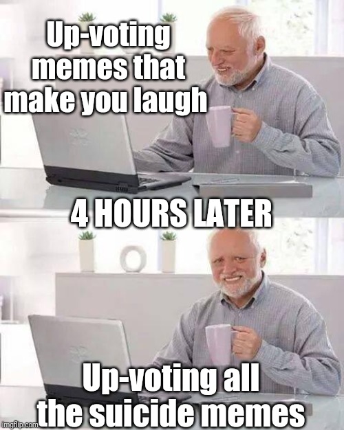 That's enough scrolling for today... | Up-voting memes that make you laugh; 4 HOURS LATER; Up-voting all the suicide memes | image tagged in memes,hide the pain harold | made w/ Imgflip meme maker