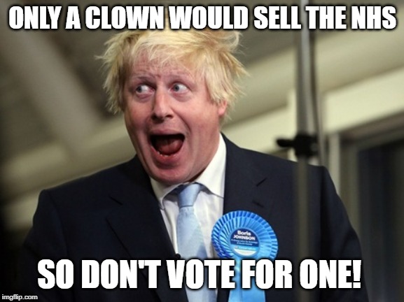 Only a clown would sell the NHS | ONLY A CLOWN WOULD SELL THE NHS; SO DON'T VOTE FOR ONE! | image tagged in boris johnson,nhsforsale,nhs,election2019,nhsusa | made w/ Imgflip meme maker