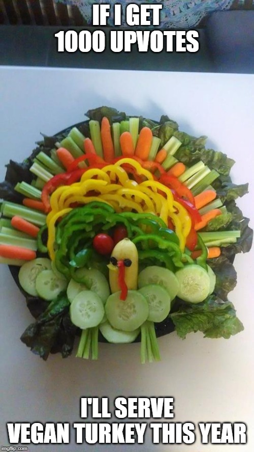 I'm begging for a happy Thanksgiving! | IF I GET 1000 UPVOTES; I'LL SERVE VEGAN TURKEY THIS YEAR | image tagged in vegan turkey,memes,thanksgiving,upvotes,begging | made w/ Imgflip meme maker
