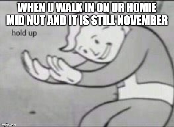 Fallout Hold Up | WHEN U WALK IN ON UR HOMIE MID NUT AND IT IS STILL NOVEMBER | image tagged in fallout hold up | made w/ Imgflip meme maker