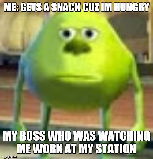 Sully Wazowski | ME: GETS A SNACK CUZ IM HUNGRY; MY BOSS WHO WAS WATCHING ME WORK AT MY STATION | image tagged in sully wazowski | made w/ Imgflip meme maker