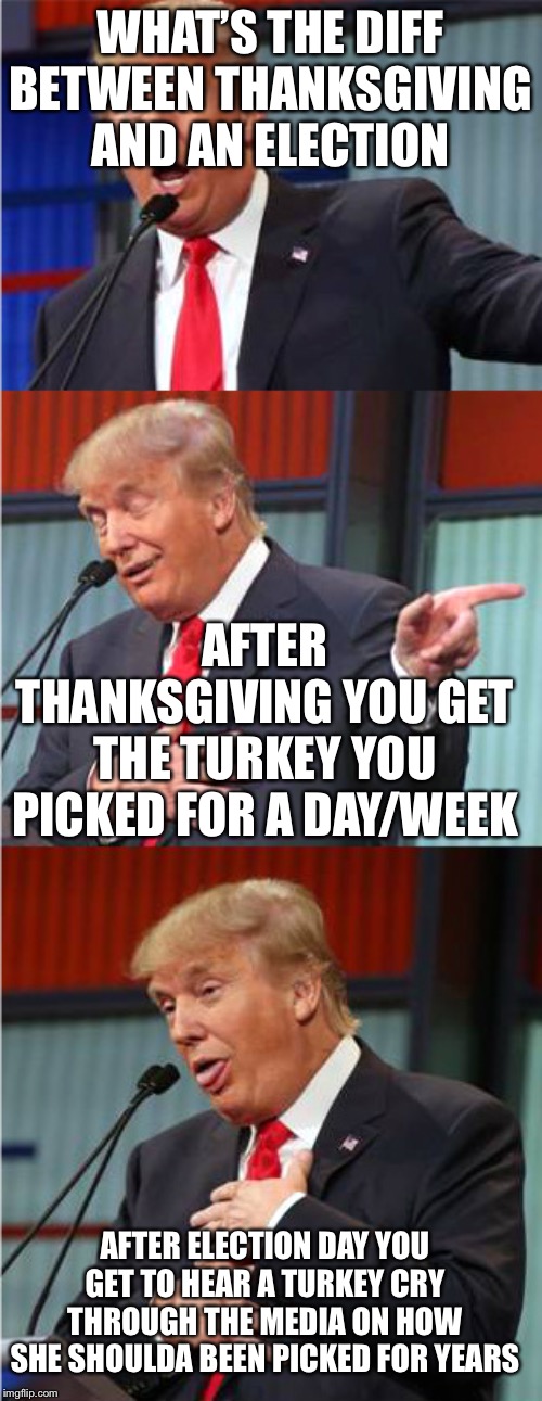 Bad Pun Trump | WHAT’S THE DIFF BETWEEN THANKSGIVING AND AN ELECTION; AFTER THANKSGIVING YOU GET THE TURKEY YOU PICKED FOR A DAY/WEEK; AFTER ELECTION DAY YOU GET TO HEAR A TURKEY CRY THROUGH THE MEDIA ON HOW SHE SHOULDA BEEN PICKED FOR YEARS | image tagged in bad pun trump | made w/ Imgflip meme maker