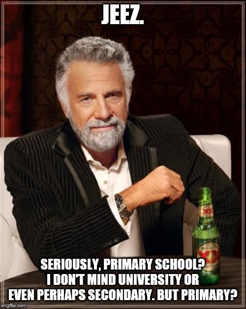 The Most Interesting Man In The World Meme | JEEZ. SERIOUSLY, PRIMARY SCHOOL? I DON'T MIND UNIVERSITY OR EVEN PERHAPS SECONDARY. BUT PRIMARY? | image tagged in memes,the most interesting man in the world | made w/ Imgflip meme maker