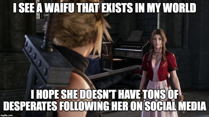 Waifu Tracker | I SEE A WAIFU THAT EXISTS IN MY WORLD; I HOPE SHE DOESN'T HAVE TONS OF DESPERATES FOLLOWING HER ON SOCIAL MEDIA | image tagged in final fantasy 7,cloud strife,waifu,funny memes,social media | made w/ Imgflip meme maker