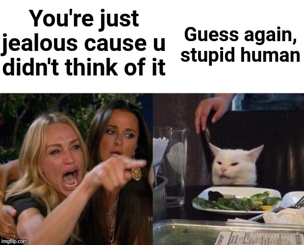 Woman Yelling At Cat Meme | You're just jealous cause u didn't think of it Guess again, stupid human | image tagged in memes,woman yelling at cat | made w/ Imgflip meme maker