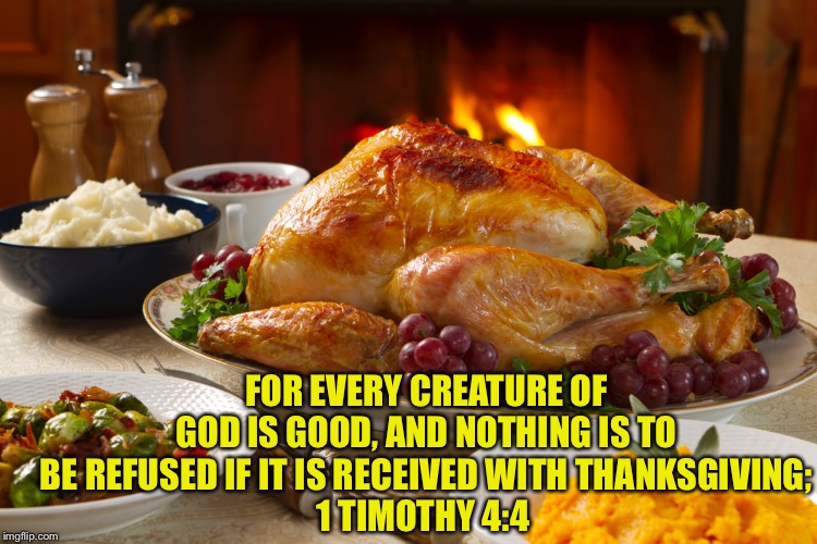 Happy Thanksgiving | FOR EVERY CREATURE OF GOD IS GOOD, AND NOTHING IS TO BE REFUSED IF IT IS RECEIVED WITH THANKSGIVING;
1 TIMOTHY 4:4 | image tagged in happy thanksgiving,bible verse,scripture,thanksgiving,turkey | made w/ Imgflip meme maker