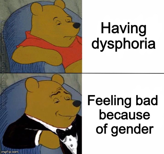 Gender trouble | Having dysphoria; Feeling bad 
because
of gender | image tagged in winnie the pooh tux,gender,trans,dysphoria,transgender | made w/ Imgflip meme maker