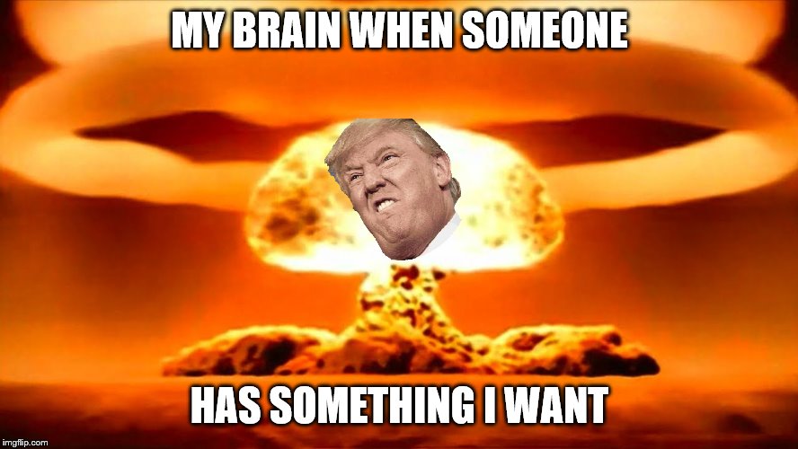 Nuke | MY BRAIN WHEN SOMEONE; HAS SOMETHING I WANT | image tagged in nuke | made w/ Imgflip meme maker