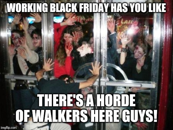 zombies at door  | WORKING BLACK FRIDAY HAS YOU LIKE; THERE'S A HORDE OF WALKERS HERE GUYS! | image tagged in zombies at door | made w/ Imgflip meme maker