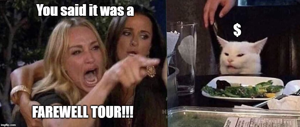 woman yelling at cat | You said it was a; $; FAREWELL TOUR!!! | image tagged in woman yelling at cat | made w/ Imgflip meme maker