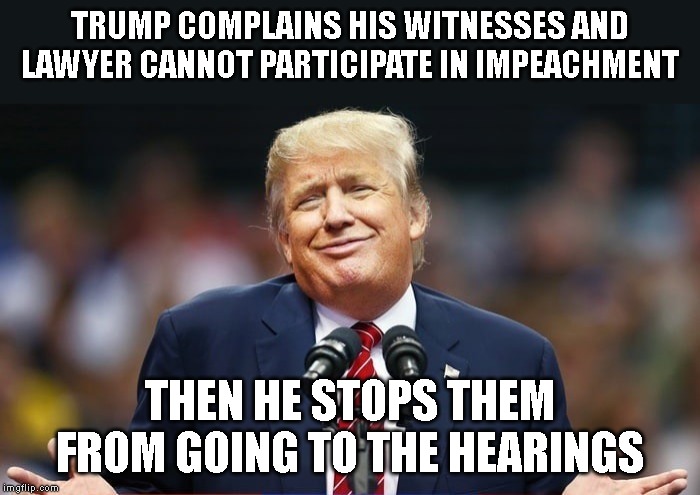 Trump is a Traitor Who is Selling Out America for Putin's Benefit | TRUMP COMPLAINS HIS WITNESSES AND LAWYER CANNOT PARTICIPATE IN IMPEACHMENT; THEN HE STOPS THEM FROM GOING TO THE HEARINGS | image tagged in traitor,liar,corrupt,commie,bribery,impeach trump | made w/ Imgflip meme maker