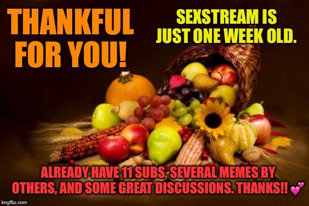 Thankful for you | SEXSTREAM IS JUST ONE WEEK OLD. THANKFUL FOR YOU! ALREADY HAVE 11 SUBS, SEVERAL MEMES BY OTHERS, AND SOME GREAT DISCUSSIONS. THANKS!! 💕 | image tagged in thanksgiving,thanks,happy thanksgiving,thankful,imgflip,stream | made w/ Imgflip meme maker