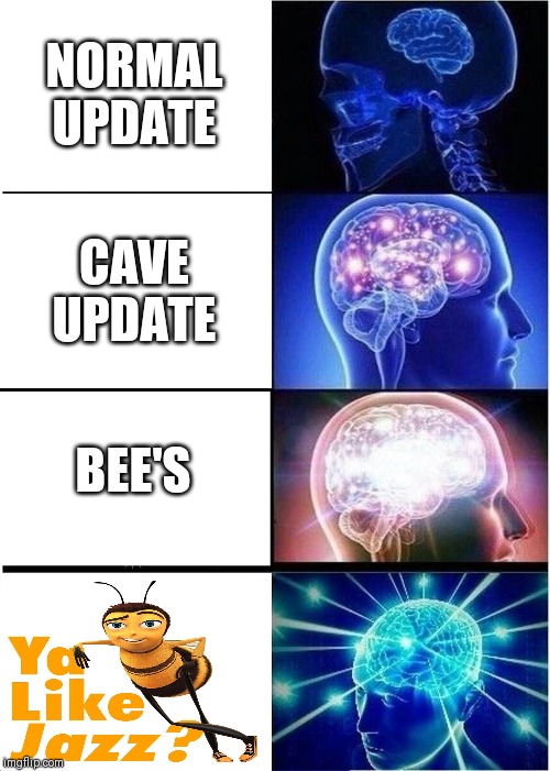 Expanding Brain | NORMAL UPDATE; CAVE UPDATE; BEE'S | image tagged in memes,expanding brain | made w/ Imgflip meme maker