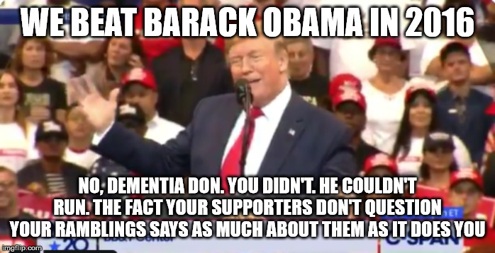Trump Lie Rally | WE BEAT BARACK OBAMA IN 2016; NO, DEMENTIA DON. YOU DIDN'T. HE COULDN'T RUN. THE FACT YOUR SUPPORTERS DON'T QUESTION YOUR RAMBLINGS SAYS AS MUCH ABOUT THEM AS IT DOES YOU | image tagged in trump lie rally | made w/ Imgflip meme maker