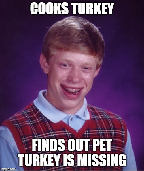 Bad Luck Brian Meme | COOKS TURKEY; FINDS OUT PET TURKEY IS MISSING | image tagged in memes,bad luck brian | made w/ Imgflip meme maker
