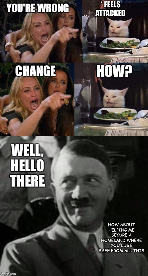 Well, hello there, alienated young fella. | YOU'RE WRONG; * FEELS ATTACKED; HOW? CHANGE; WELL, HELLO THERE; HOW ABOUT HELPING ME SECURE A HOMELAND WHERE YOU'LL BE SAFE FROM ALL THIS | image tagged in hitler laugh,woman yelling at cat,memes,outrage,progressives | made w/ Imgflip meme maker