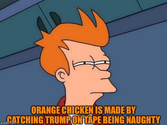 Futurama Fry Meme | ORANGE CHICKEN IS MADE BY CATCHING TRUMP ON TAPE BEING NAUGHTY | image tagged in memes,futurama fry | made w/ Imgflip meme maker