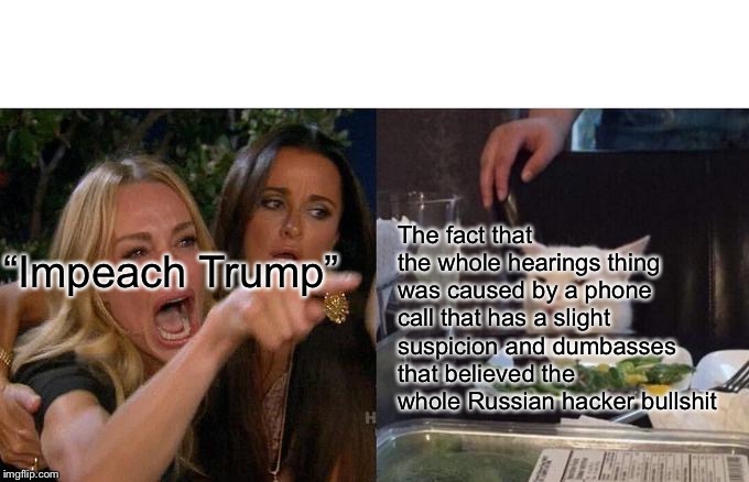 Woman Yelling At Cat | The fact that the whole hearings thing was caused by a phone call that has a slight suspicion and dumbasses that believed the whole Russian hacker bullshit; “Impeach Trump” | image tagged in memes,woman yelling at cat | made w/ Imgflip meme maker