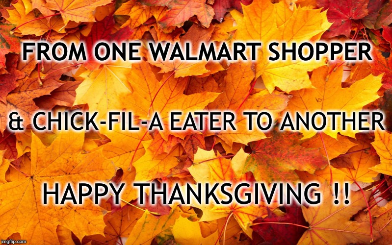 Grateful for a lot!! | FROM ONE WALMART SHOPPER; & CHICK-FIL-A EATER TO ANOTHER; HAPPY THANKSGIVING !! | image tagged in happy thanksgiving,walmart shoppers,basket of deplorables,trump 2020 | made w/ Imgflip meme maker