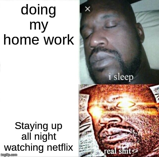 Sleeping Shaq | doing my home work; Staying up all night watching netflix | image tagged in memes,sleeping shaq | made w/ Imgflip meme maker