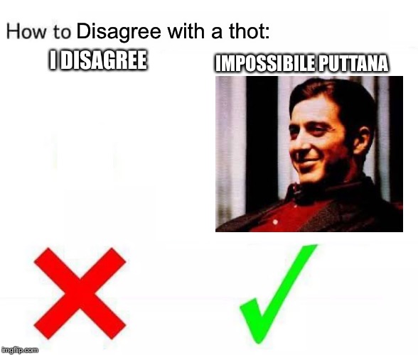 Take notes here boys | Disagree with a thot:; IMPOSSIBILE PUTTANA; I DISAGREE | image tagged in memes,how to,the godfather,thots,begone thot,thot | made w/ Imgflip meme maker