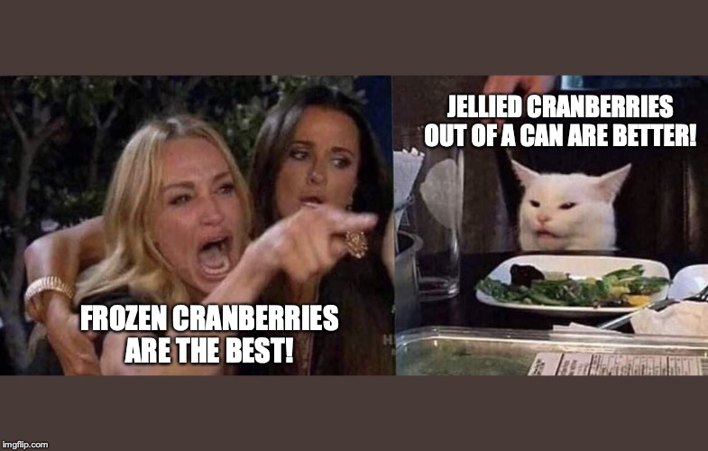 woman yelling at cat | JELLIED CRANBERRIES OUT OF A CAN ARE BETTER! FROZEN CRANBERRIES ARE THE BEST! | image tagged in woman yelling at cat | made w/ Imgflip meme maker