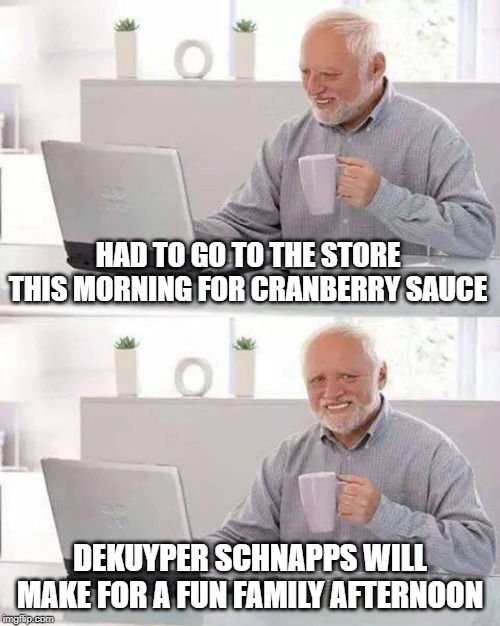 Get Sauced! | HAD TO GO TO THE STORE THIS MORNING FOR CRANBERRY SAUCE; DEKUYPER SCHNAPPS WILL MAKE FOR A FUN FAMILY AFTERNOON | image tagged in memes,hide the pain harold | made w/ Imgflip meme maker