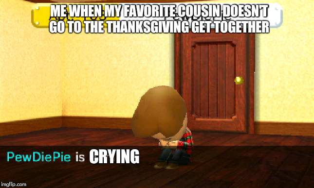 pewdiepie tomidachi life | ME WHEN MY FAVORITE COUSIN DOESN'T GO TO THE THANKSGIVING GET TOGETHER; CRYING | image tagged in pewdiepie tomidachi life | made w/ Imgflip meme maker