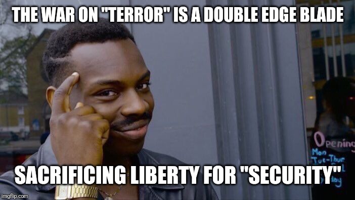Roll Safe Think About It Meme | THE WAR ON "TERROR" IS A DOUBLE EDGE BLADE SACRIFICING LIBERTY FOR "SECURITY" | image tagged in memes,roll safe think about it | made w/ Imgflip meme maker