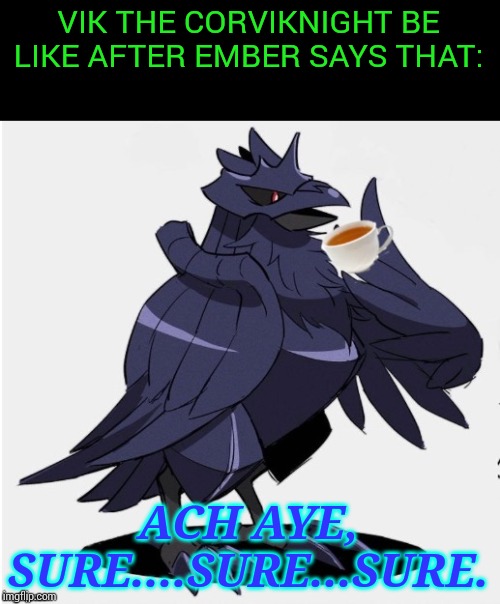 The_Tea_Drinking_Corviknight | VIK THE CORVIKNIGHT BE LIKE AFTER EMBER SAYS THAT: ACH AYE, SURE....SURE...SURE. | image tagged in the_tea_drinking_corviknight | made w/ Imgflip meme maker