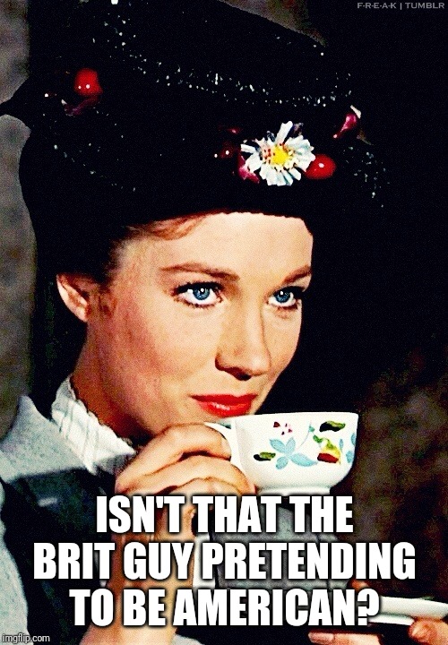 Mary Poppins | ISN'T THAT THE BRIT GUY PRETENDING TO BE AMERICAN? | image tagged in mary poppins | made w/ Imgflip meme maker