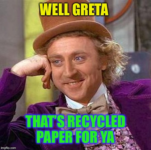 Creepy Condescending Wonka Meme | WELL GRETA THAT’S RECYCLED PAPER FOR YA | image tagged in memes,creepy condescending wonka | made w/ Imgflip meme maker