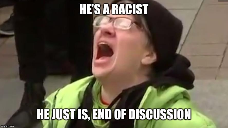 Screaming Liberal  | HE’S A RACIST HE JUST IS, END OF DISCUSSION | image tagged in screaming liberal | made w/ Imgflip meme maker