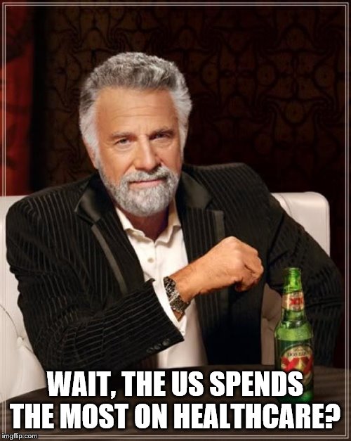 The Most Interesting Man In The World Meme | WAIT, THE US SPENDS THE MOST ON HEALTHCARE? | image tagged in memes,the most interesting man in the world | made w/ Imgflip meme maker