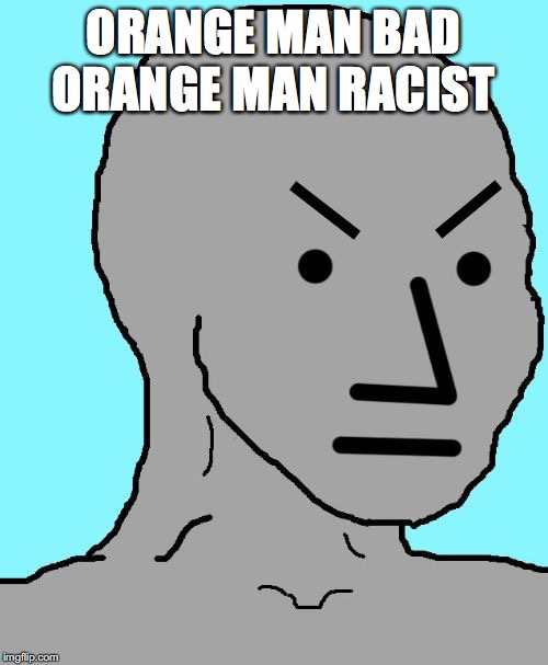 NPC meme angry | ORANGE MAN BAD ORANGE MAN RACIST | image tagged in npc meme angry | made w/ Imgflip meme maker