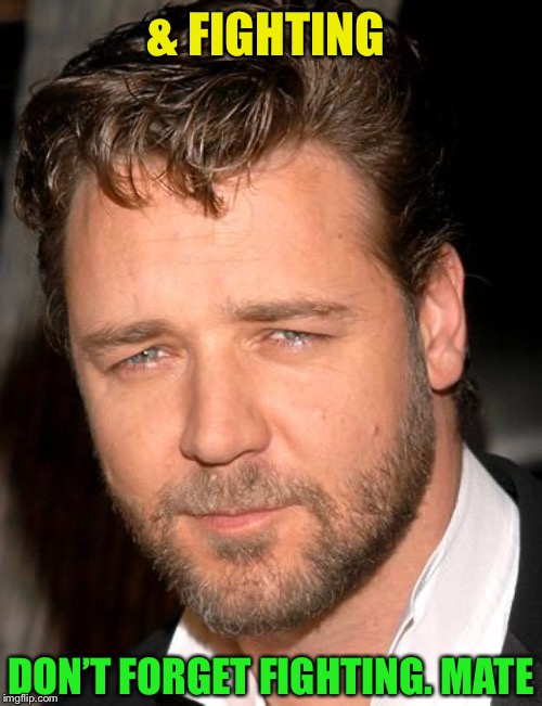 russell crowe | & FIGHTING DON’T FORGET FIGHTING. MATE | image tagged in russell crowe | made w/ Imgflip meme maker