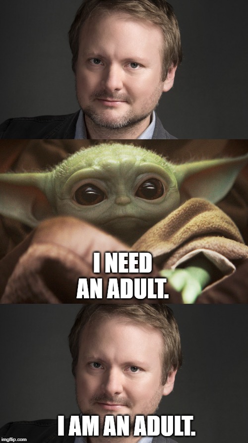 I NEED AN ADULT. I AM AN ADULT. | image tagged in star wars,baby yoda,rian johnson | made w/ Imgflip meme maker