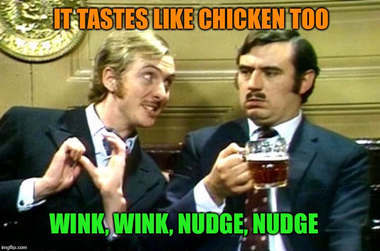 wink wink | WINK, WINK, NUDGE, NUDGE IT TASTES LIKE CHICKEN TOO | image tagged in wink wink | made w/ Imgflip meme maker