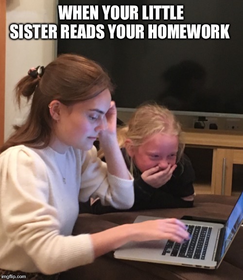 College | WHEN YOUR LITTLE SISTER READS YOUR HOMEWORK | image tagged in homework | made w/ Imgflip meme maker