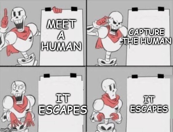 Papyrus plan | CAPTURE THE HUMAN; MEET A HUMAN; IT ESCAPES; IT ESCAPES | image tagged in papyrus plan | made w/ Imgflip meme maker