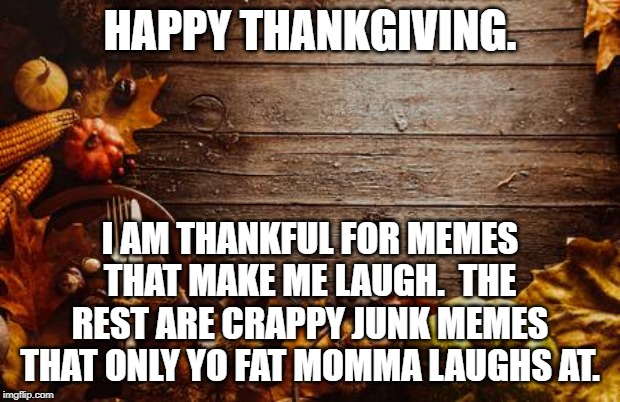 Happy Thanksgiving | HAPPY THANKGIVING. I AM THANKFUL FOR MEMES THAT MAKE ME LAUGH.  THE REST ARE CRAPPY JUNK MEMES THAT ONLY YO FAT MOMMA LAUGHS AT. | image tagged in happy thanksgiving | made w/ Imgflip meme maker