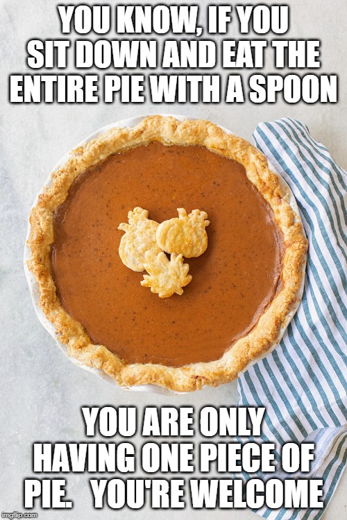 pumpkin pie | YOU KNOW, IF YOU SIT DOWN AND EAT THE ENTIRE PIE WITH A SPOON; YOU ARE ONLY HAVING ONE PIECE OF PIE.   YOU'RE WELCOME | image tagged in pumpkin pie | made w/ Imgflip meme maker