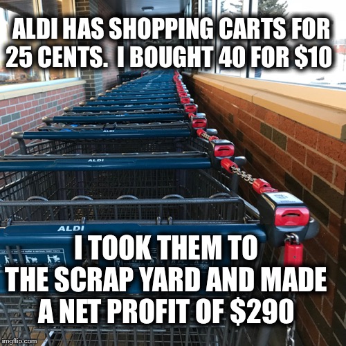 Aldi shopping carts | ALDI HAS SHOPPING CARTS FOR 25 CENTS.  I BOUGHT 40 FOR $10; I TOOK THEM TO THE SCRAP YARD AND MADE A NET PROFIT OF $290 | image tagged in aldi shopping carts | made w/ Imgflip meme maker