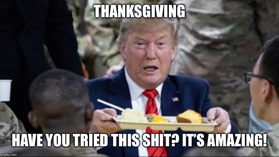 Making Thanksgiving Great Again | THANKSGIVING; HAVE YOU TRIED THIS SHIT? IT’S AMAZING! | image tagged in donald trump,thanksgiving | made w/ Imgflip meme maker